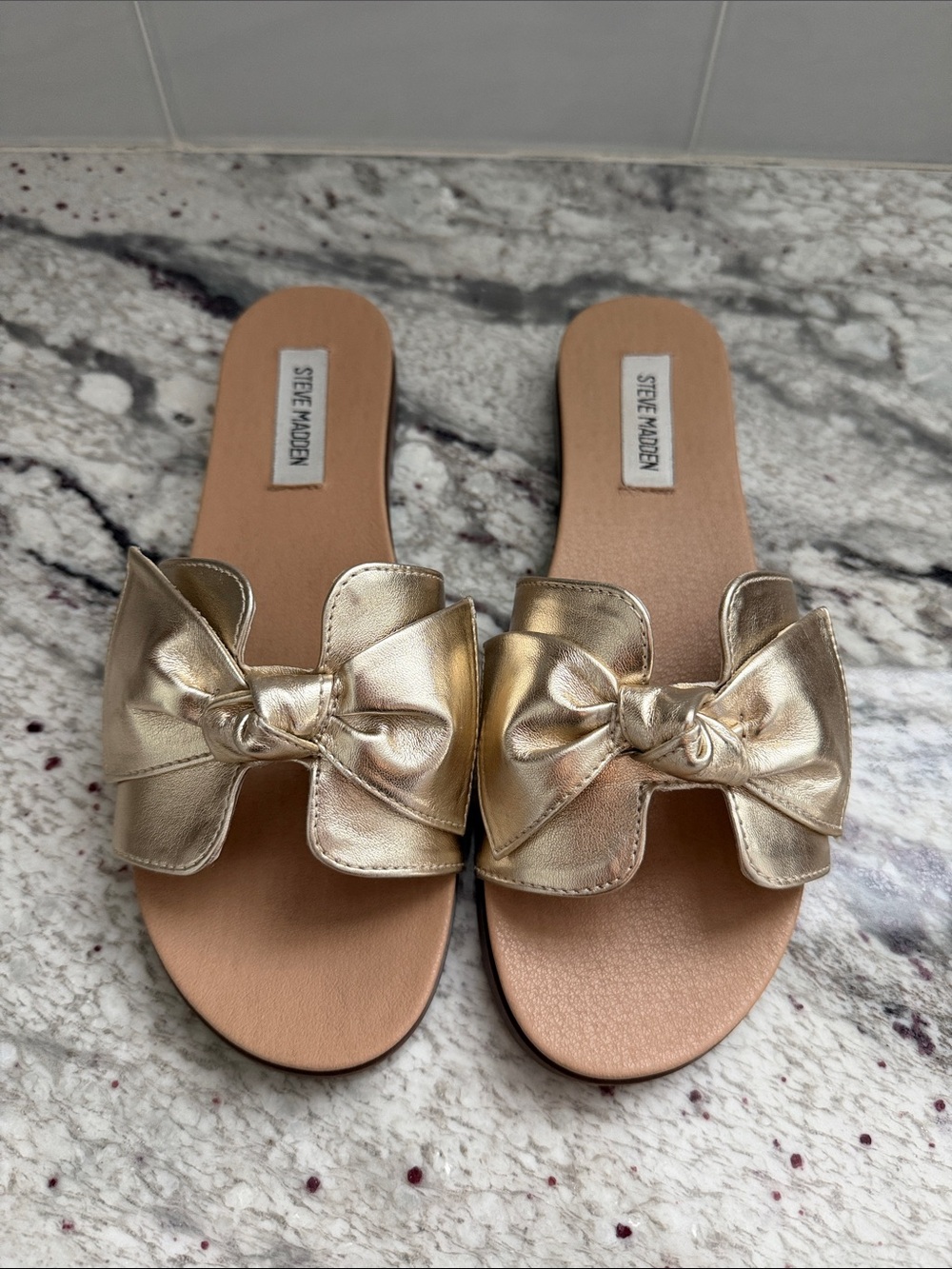 Steve Madden Metallic Gold Bow Slide Sandals - Women's